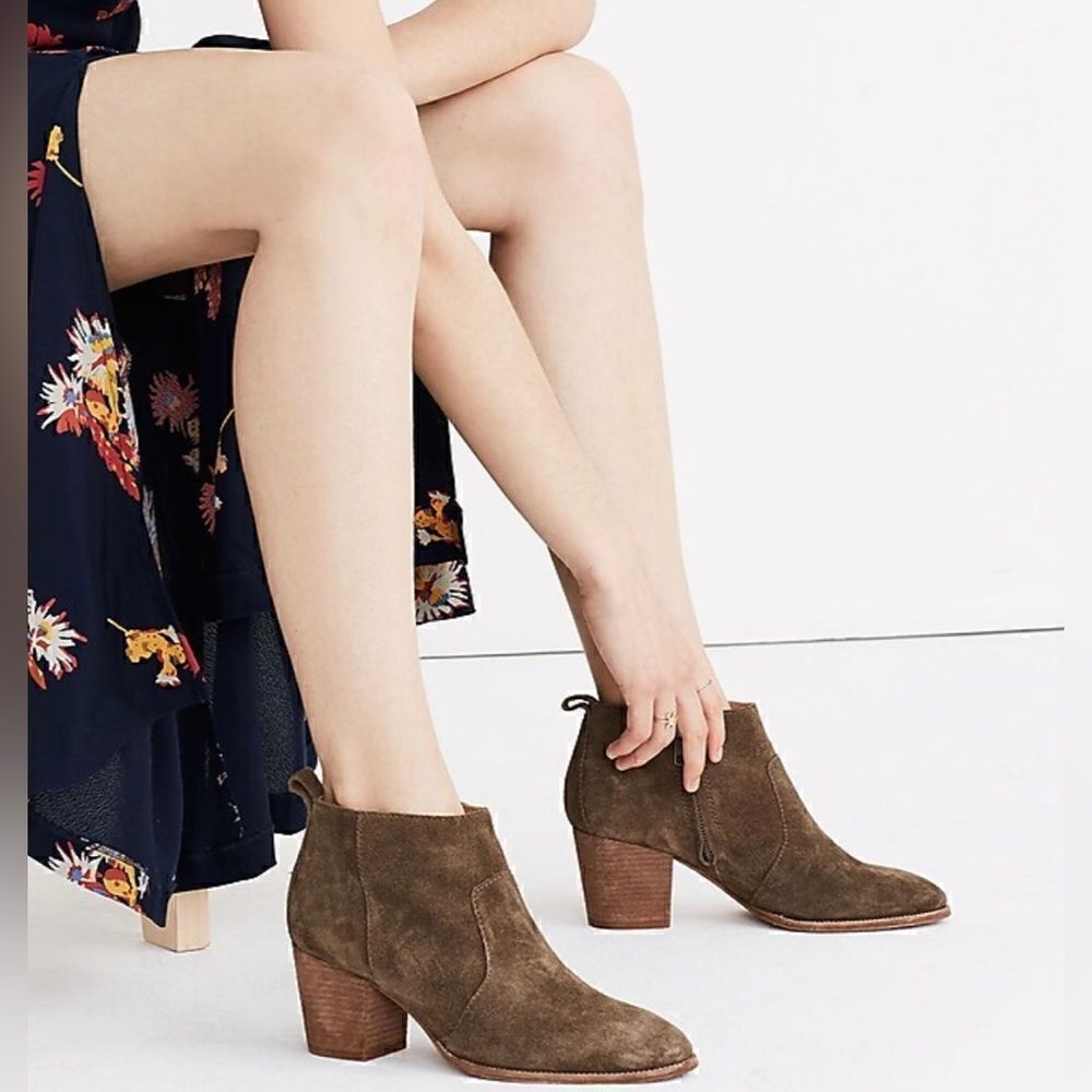 Madewell The Brenner Brown Genuine Suede Leather Ankle Boots Block Heel Size 8.5